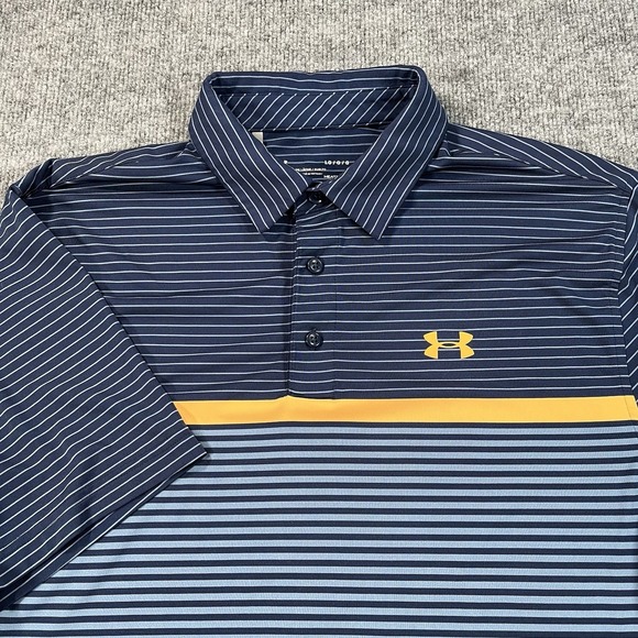 Under Armour Polo Shirt Mens Large L Blue Yellow Stripes Loose Heat Gear Golf - Picture 1 of 10
